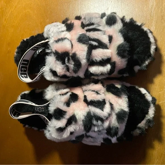 UGG Black and Pink Fuzzy Slippers - Picture 2 of 3